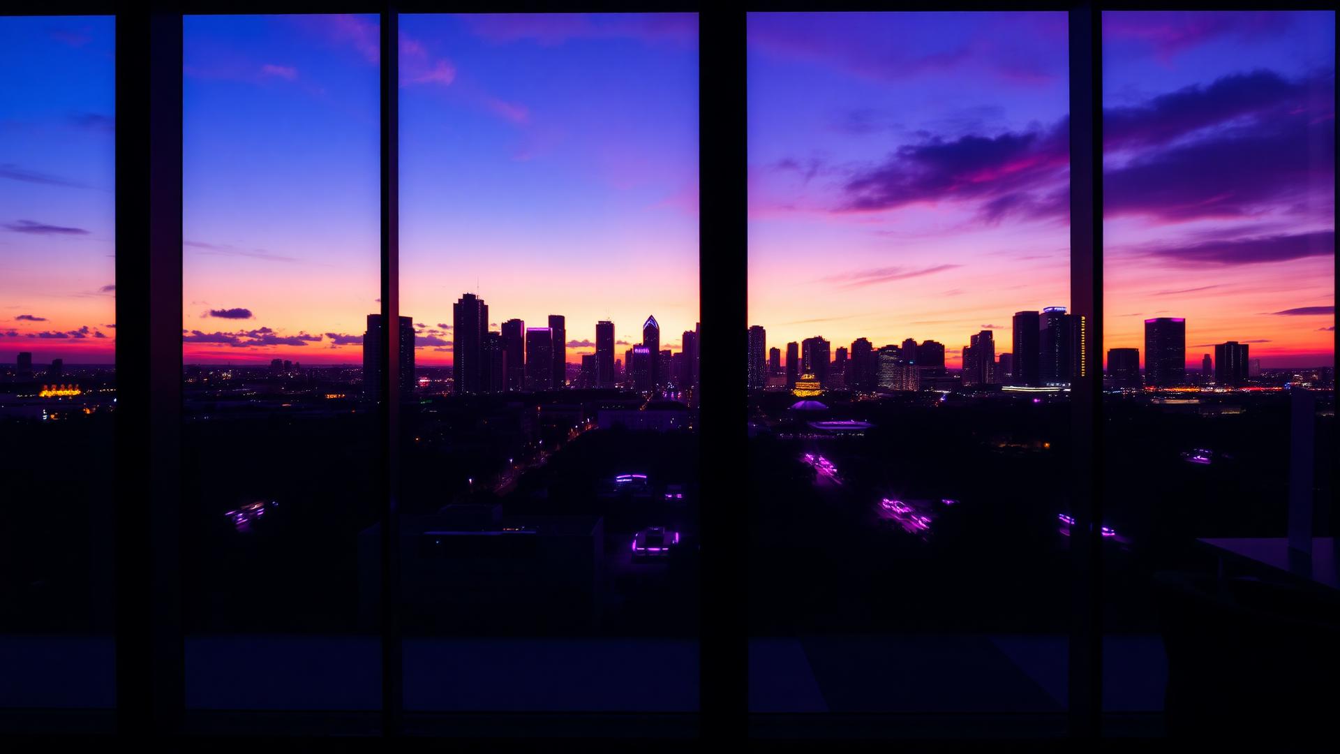 Miami skyline at dusk from a modern agency office
